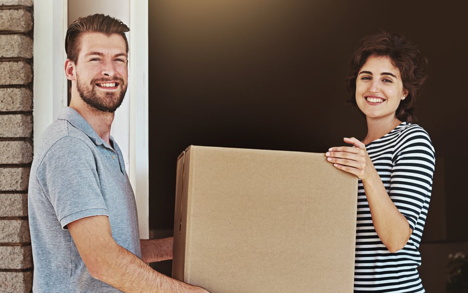 Package, Portrait and Delivery Man with Woman by Front Door at Home for Ecommerce Order with Logistics. Dropshipping, Cargo and Courier Driver with Female Person for Cardboard Freight Box for B2c.